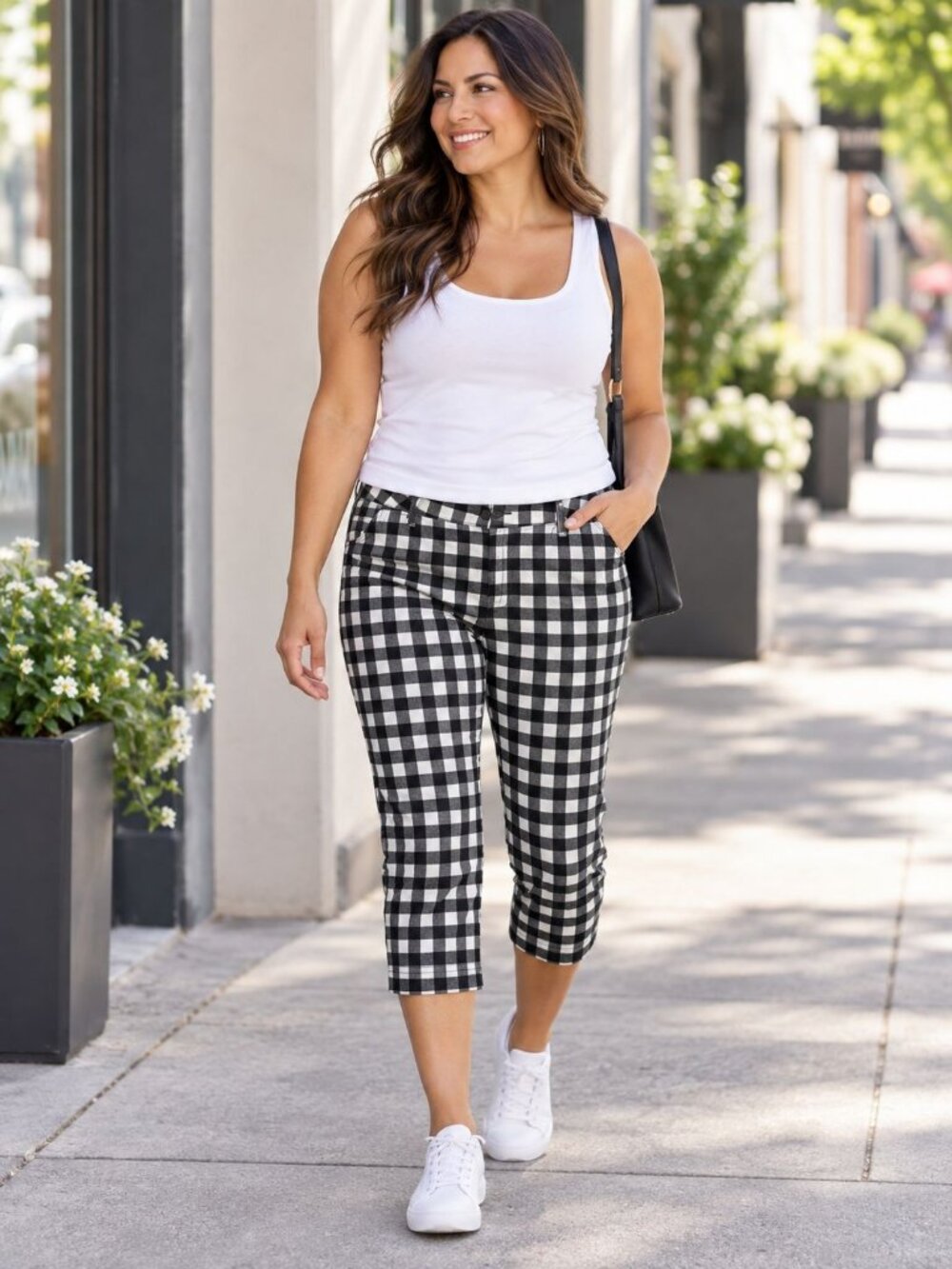 St. Johns Bay Womens Capri Pants Size 12 Black/White Gingham Check Cotton Blend